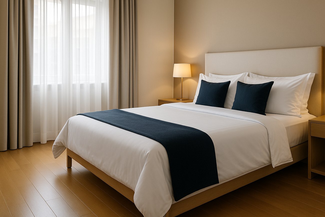 Makellos aufgeräumtes, elegantes Hotelzimmer mit frisch bezogenem Bett und Tageslicht